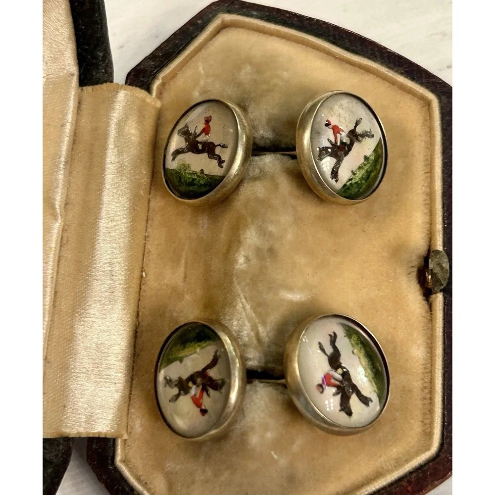 Antique VTG 14K Gold Intaglio Reverse Essex Crystal Horse Jockey Cufflinks Derby